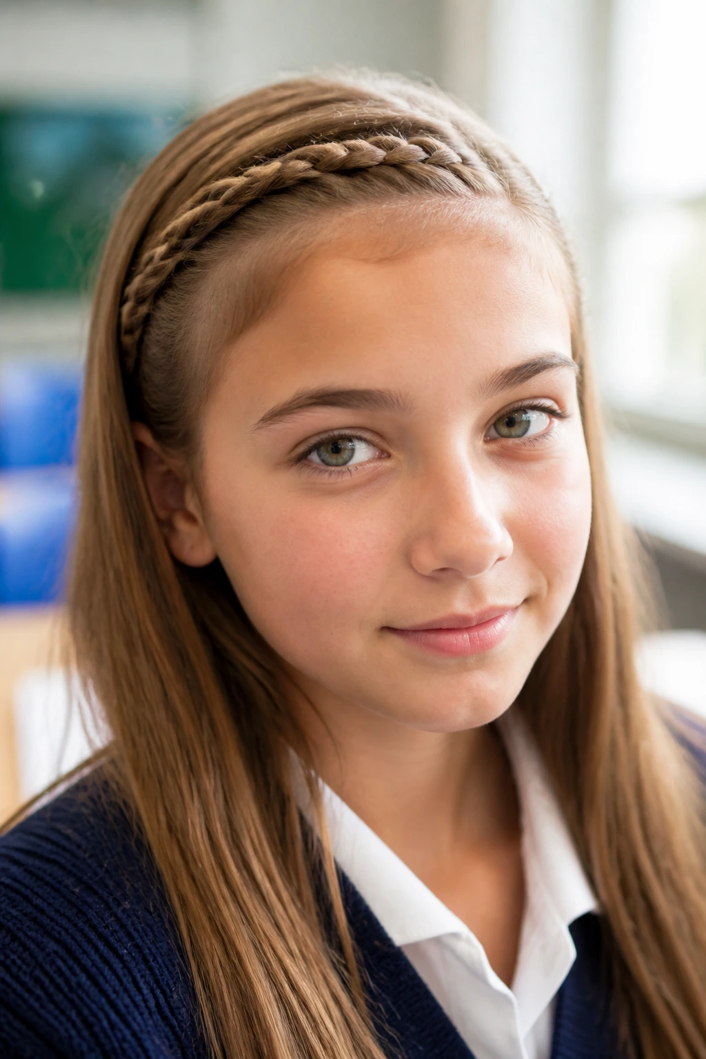 Close-up portrait of a real student with a crown braid along the front hairline