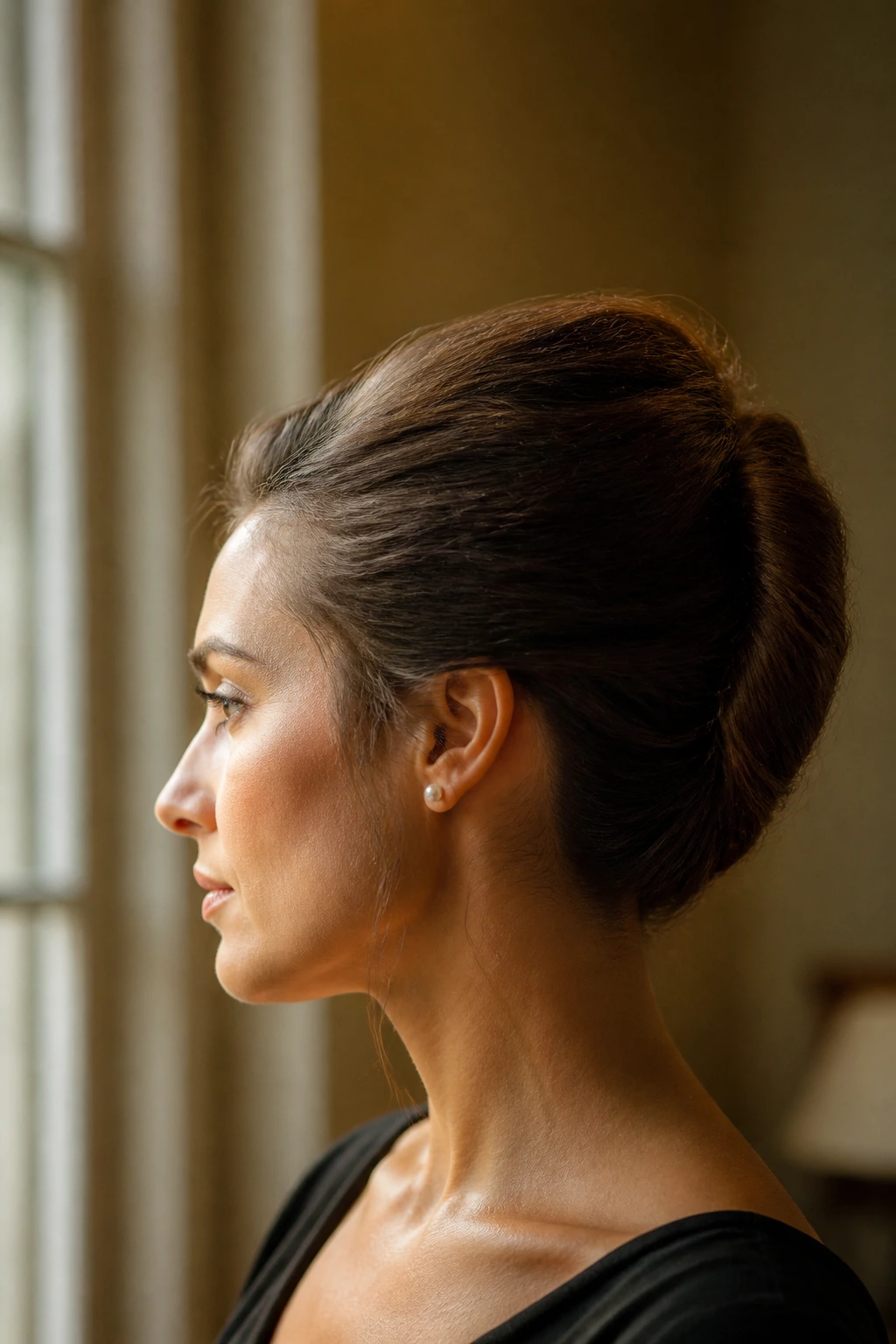 Side-profile of a real person with a smooth front and lifted crown of the French twist.