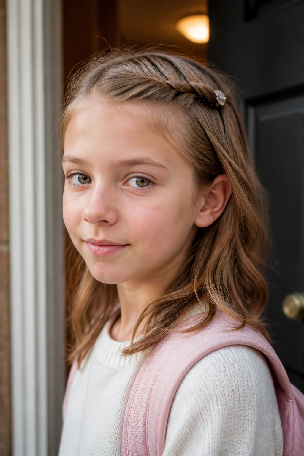 Close-up of a real girl with crown twist held by a mini clip near a doorway
