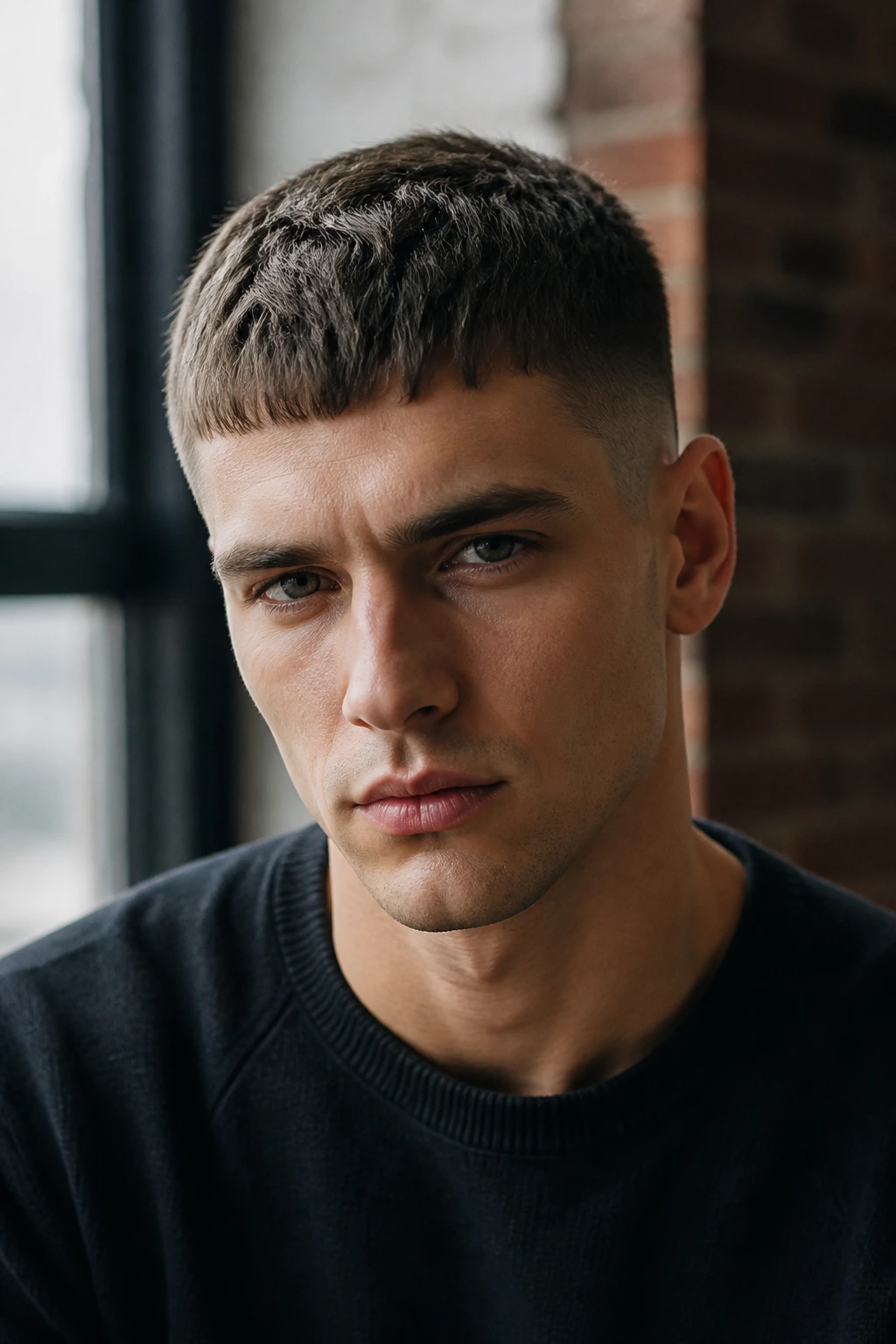 Close-up of man with front-forward haircut in an urban interior