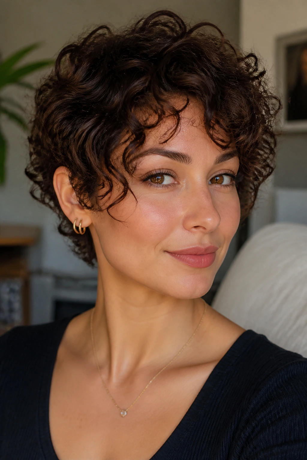 Close-up front frame of a curly pixie on a real person with soft edge near cheeks.