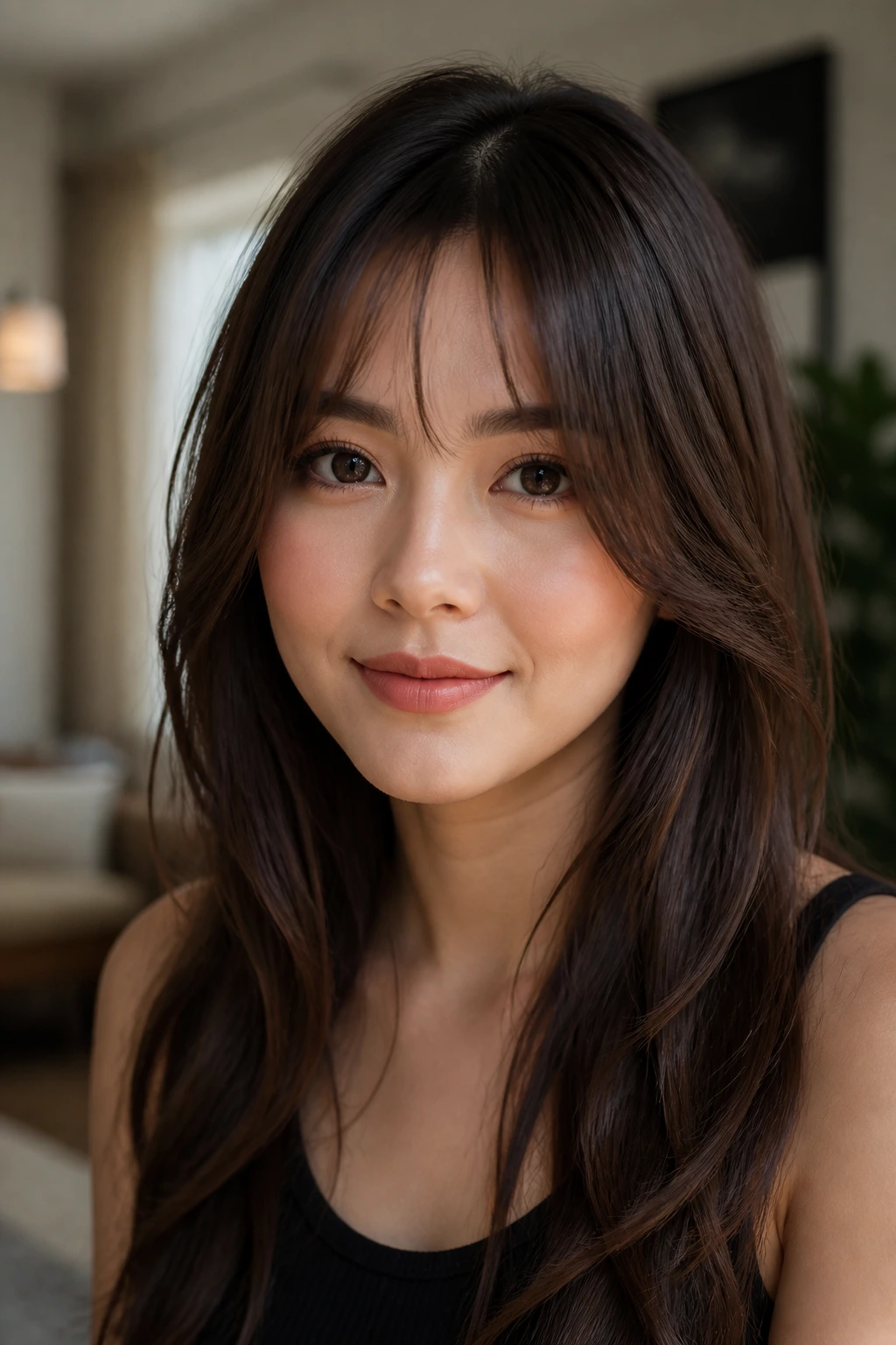 Close-up of a real person with front-framing bangs flattering a round face