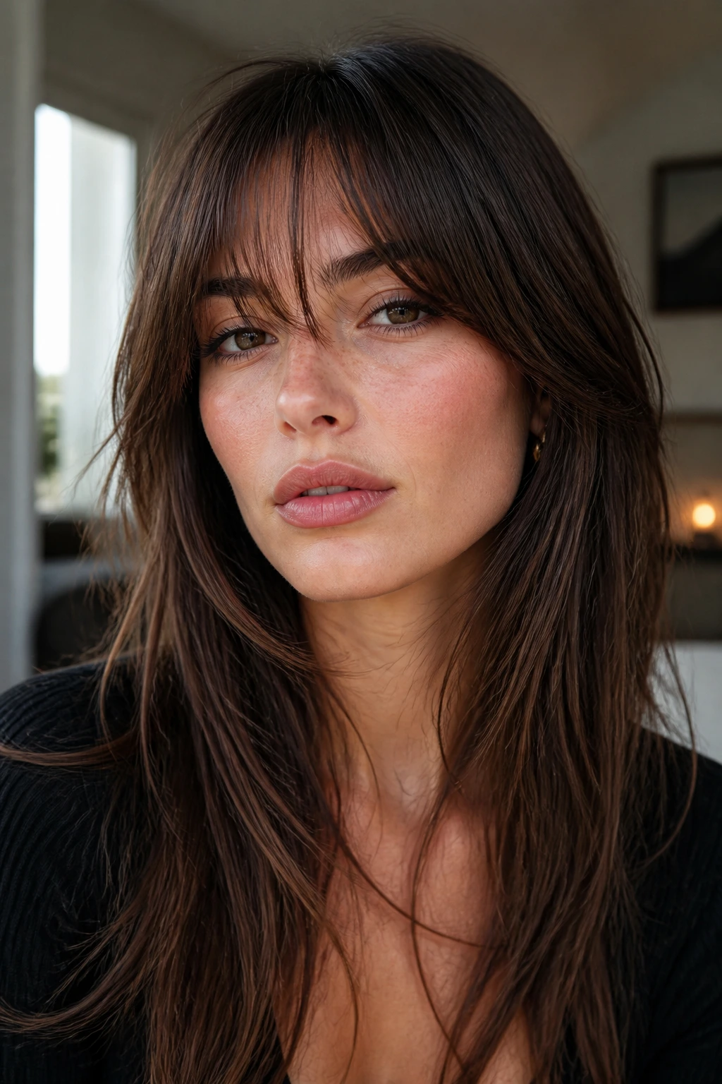 Portrait focusing on a defined front fringe shaping the forehead