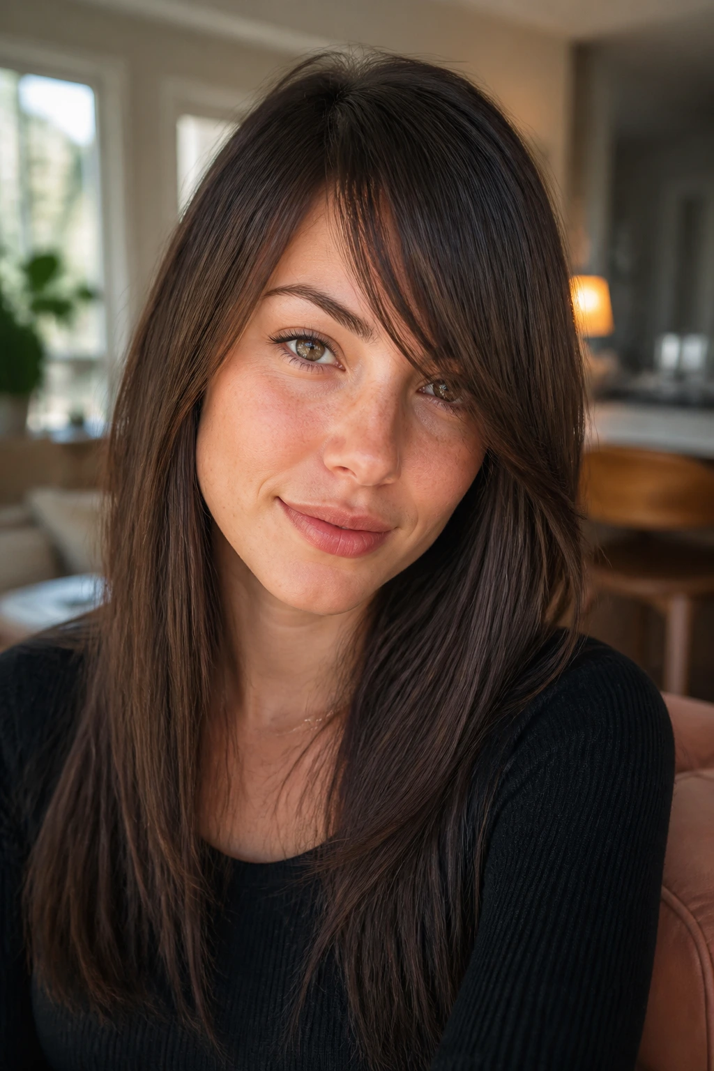 Close-up portrait of a real woman with front fringe shape
