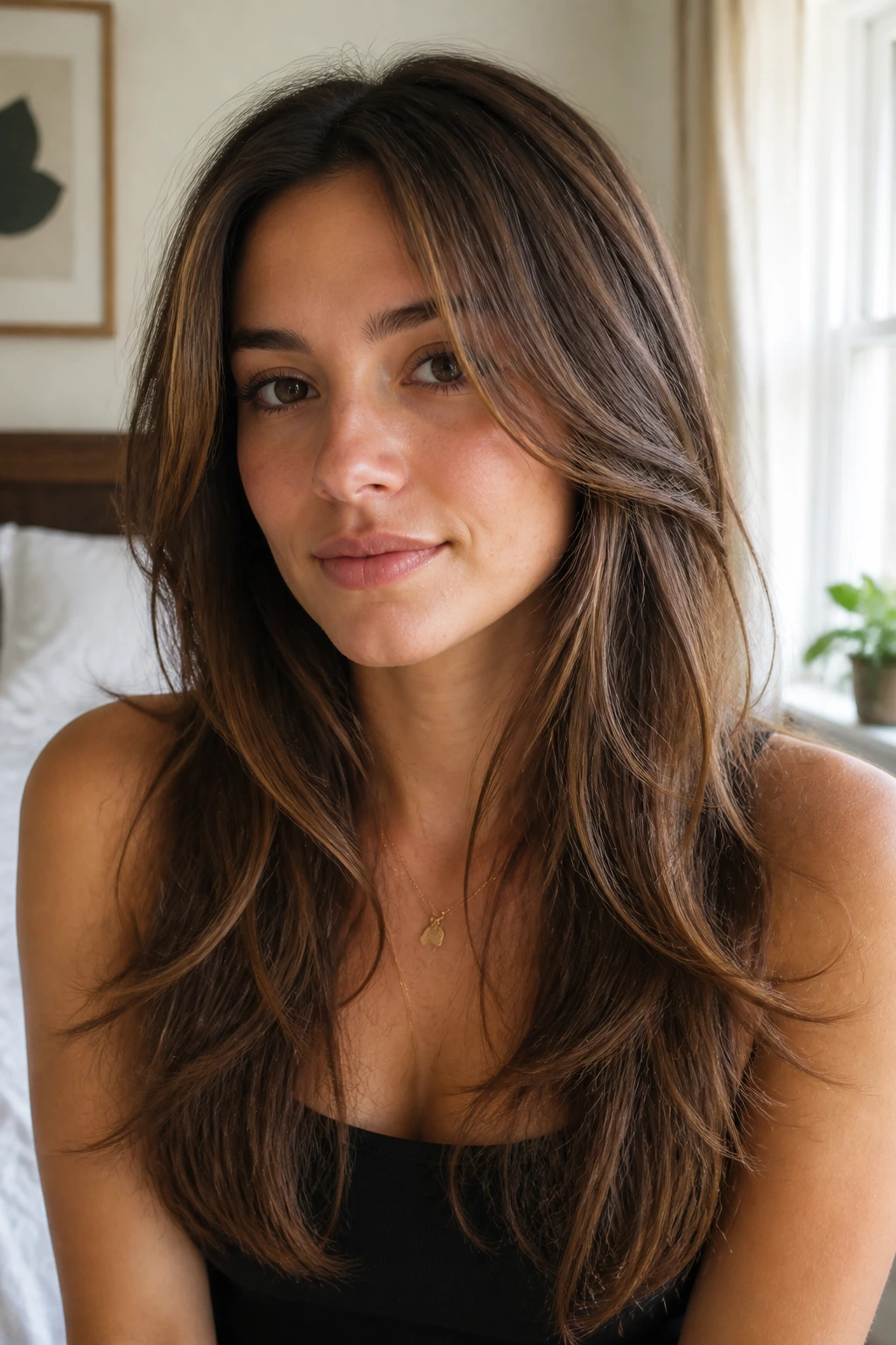 Close-up portrait showing cheekbone-length front layers on a long hairstyle.