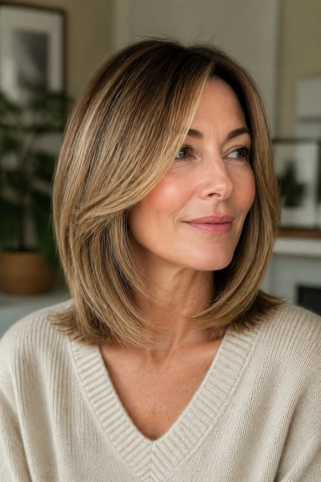 Close-up portrait of a real woman with front face-framing layers adding fullness to fine hair