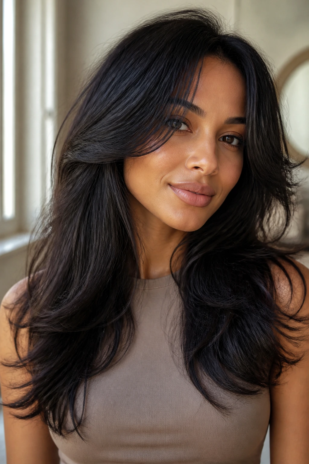 Portrait showing long layered hair framing the face