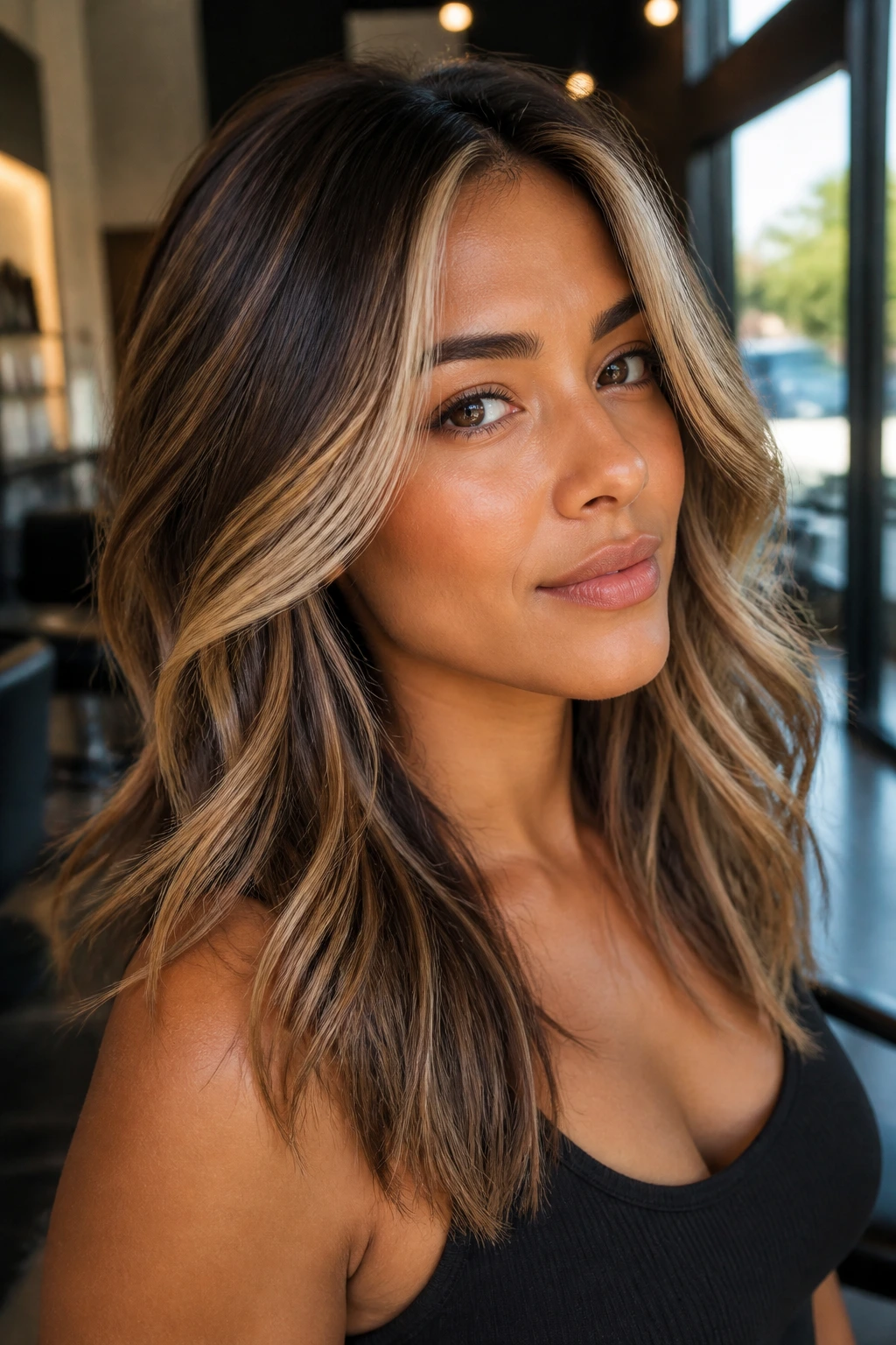 Close-up portrait of a real woman with front-loaded highlights framing the face on tan skin in natural window light