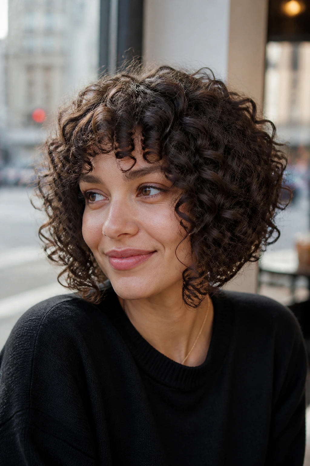 Portrait of a real woman with a front-long French bob showing longer front near the jaw.