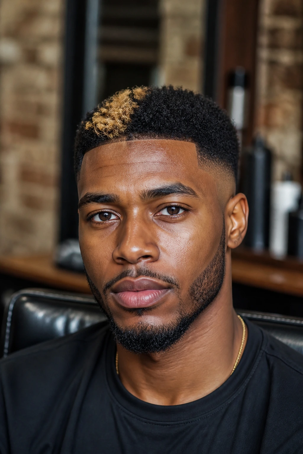 Close-up of a Black man with a front money-piece highlight on a low-profile fade in a barber shop.