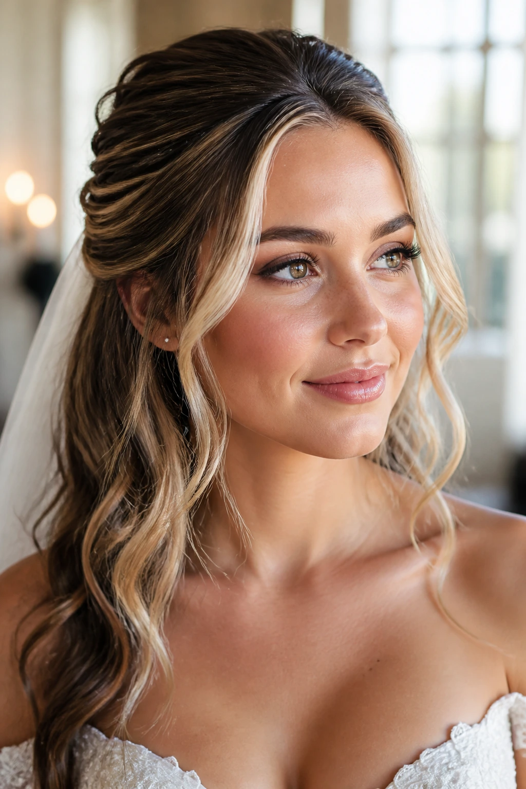 Close-up of bride with front-leading money-piece highlights in a half-up hairstyle