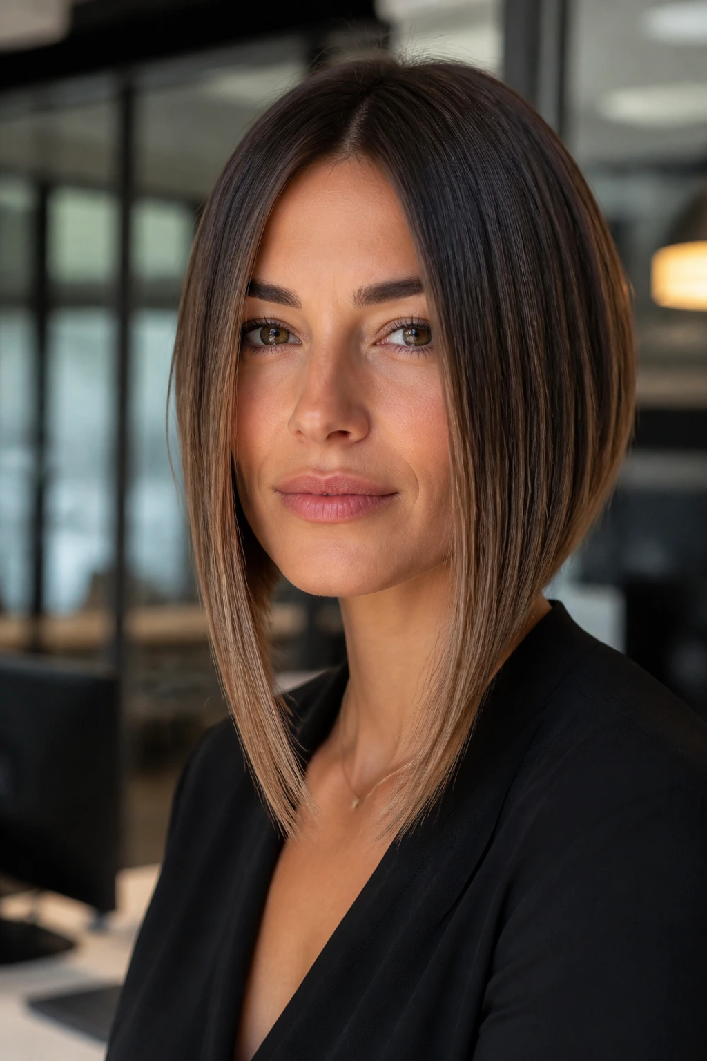 Portrait of a woman with long front panel bob for square jaws