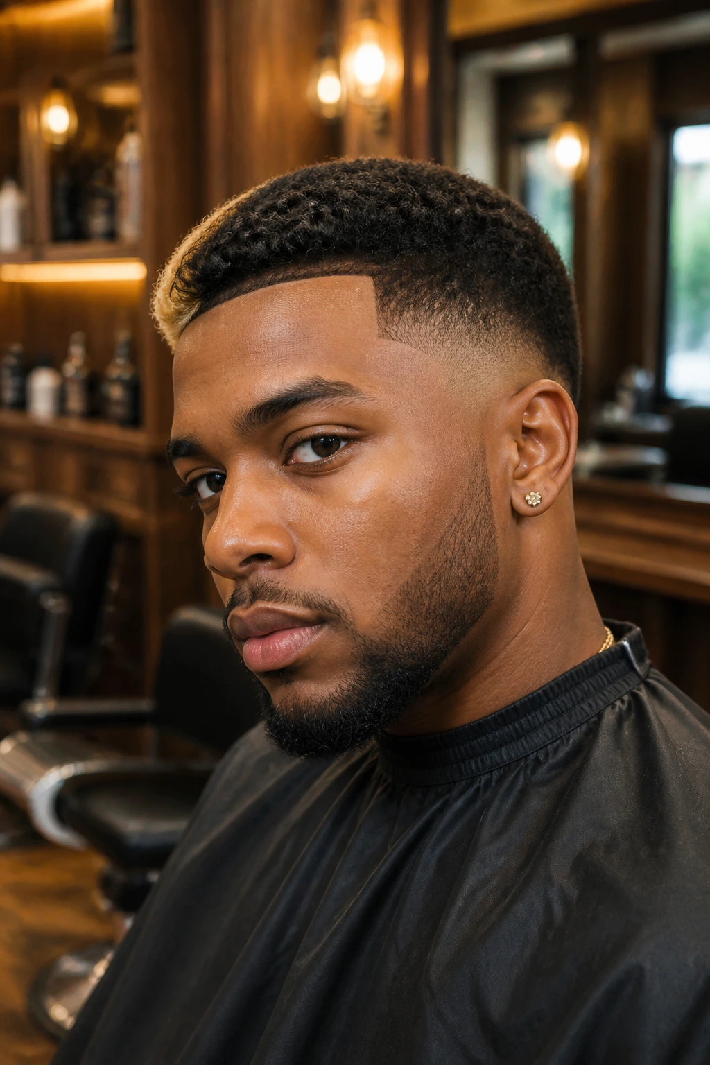 Portrait of a man with a narrow front panel highlight on a low fade.