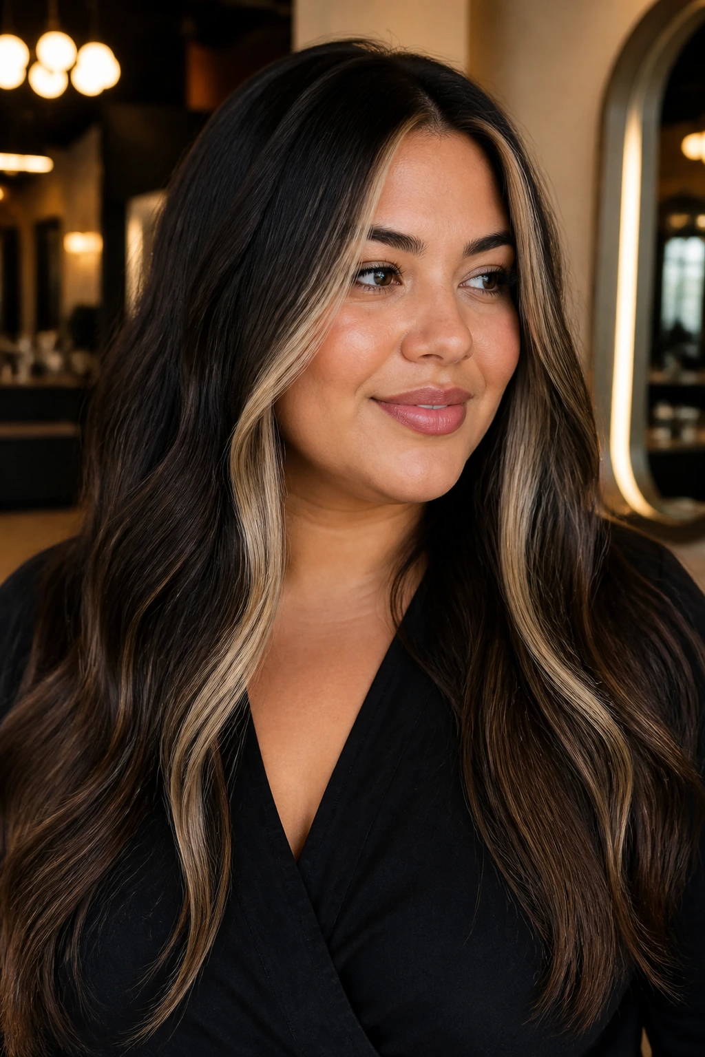 Close-up of a real woman with long hair and narrow bright front panels framing the face