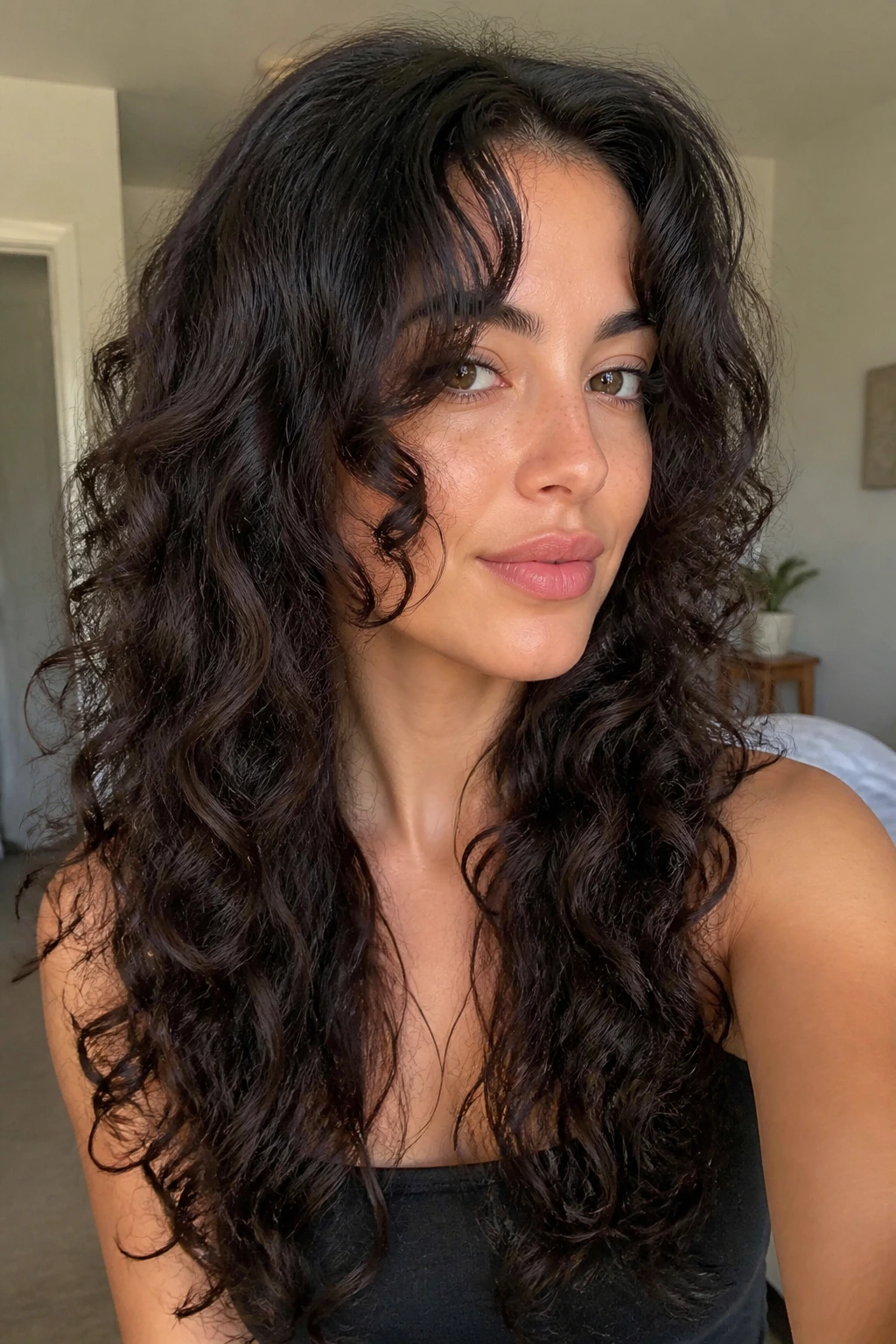 Real woman showing long hair with front pieces framing the face