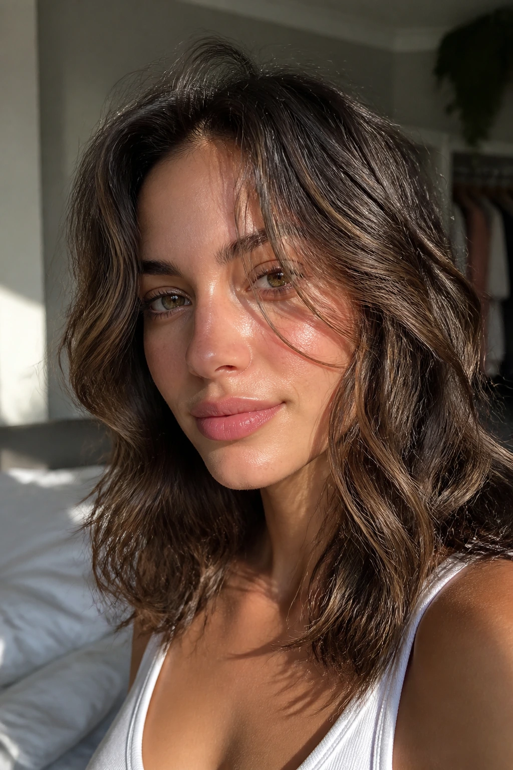 Close-up of a real person showing front pieces framing the face in soft morning light