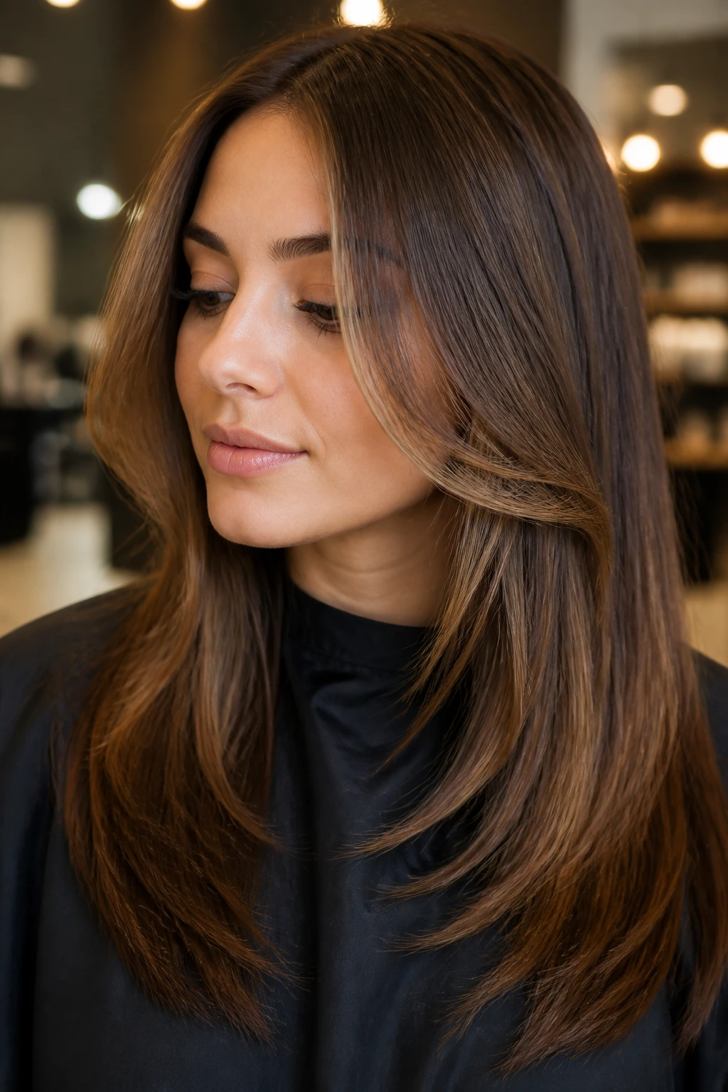 Close-up of front pieces moving away from the face on straight hair.