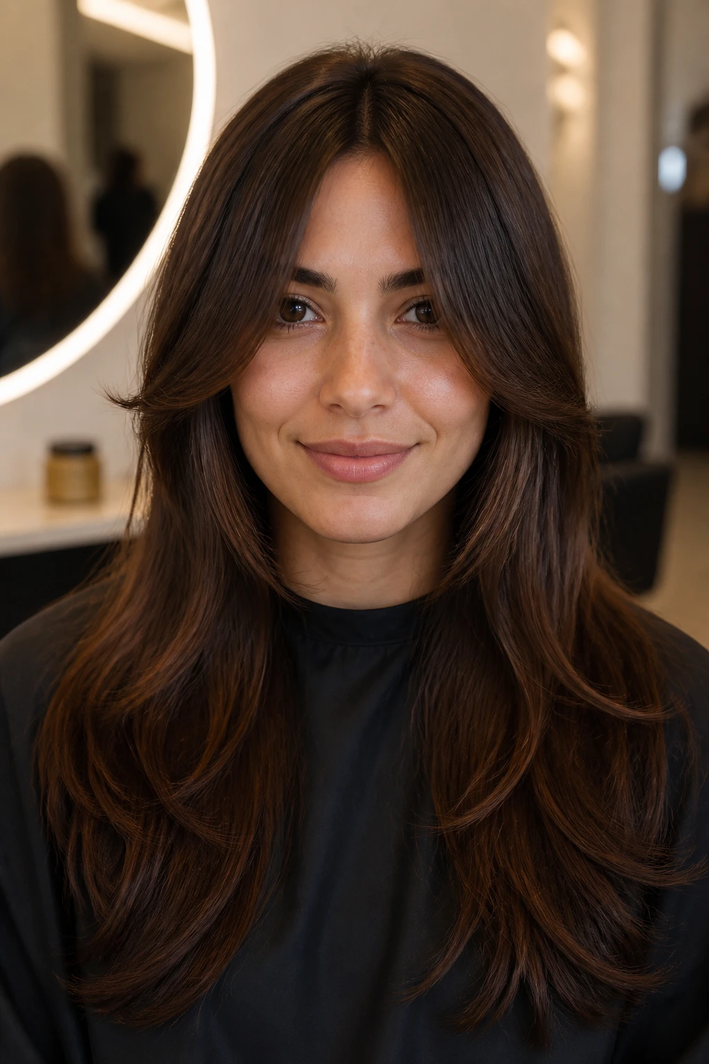 Real person showing the desired front shape for a haircut in a salon setting