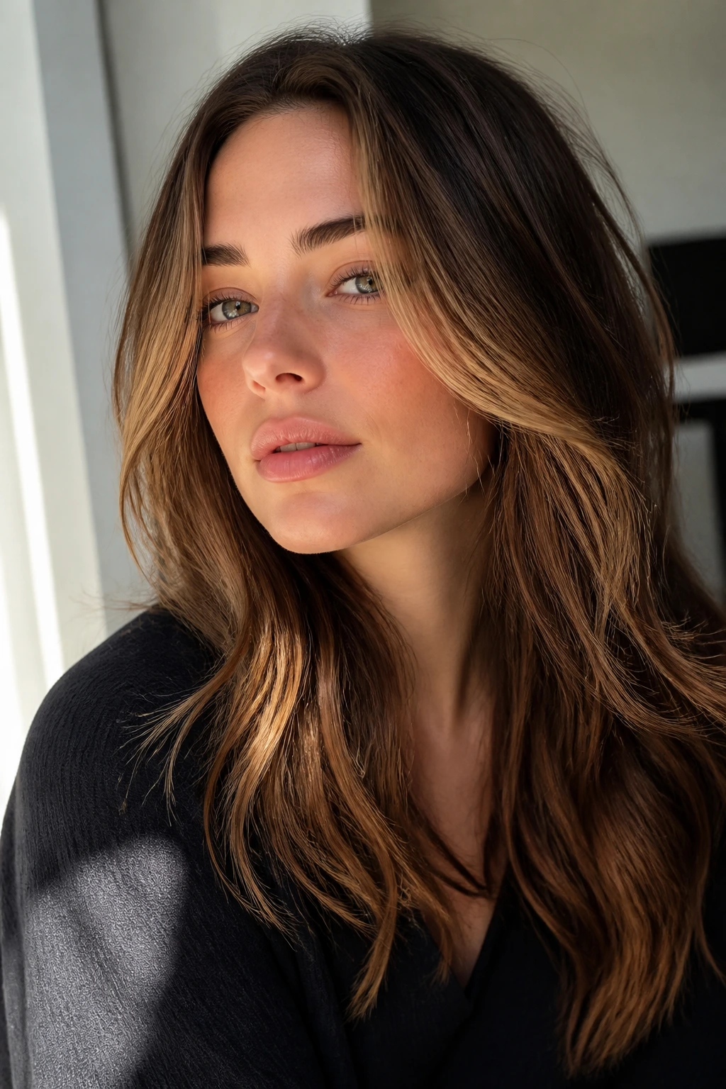 Close-up of a real woman with caramel front tips framing the face.