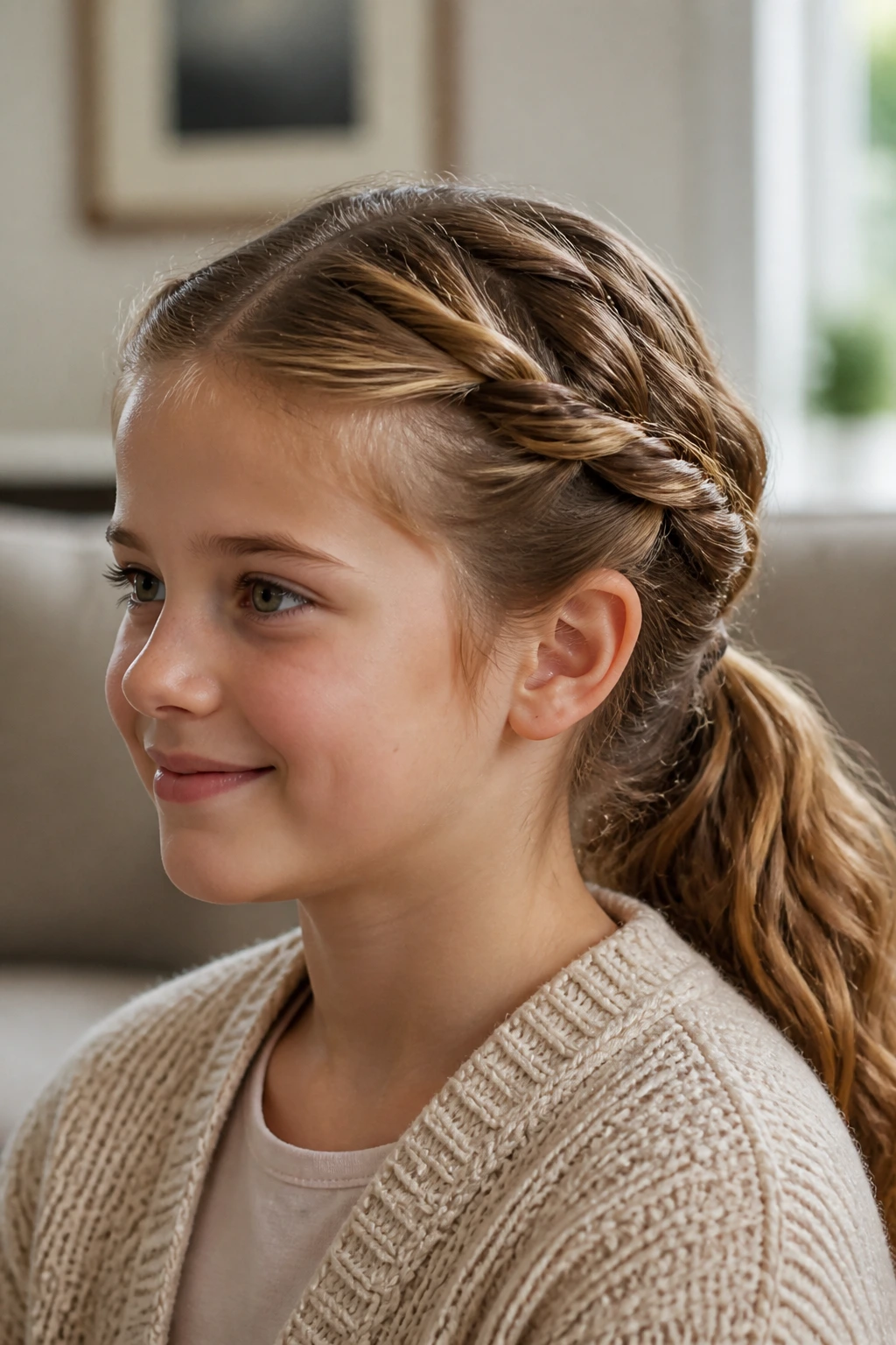 Close-up of real child with front twists into a low ponytail on wavy hair