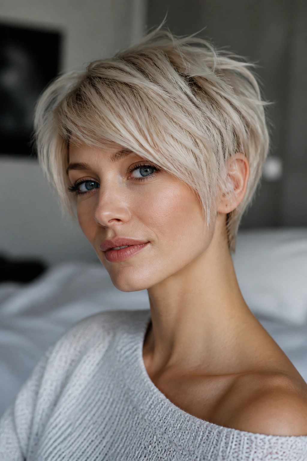Close-up portrait of frost blonde textured pixie bob with crown movement.