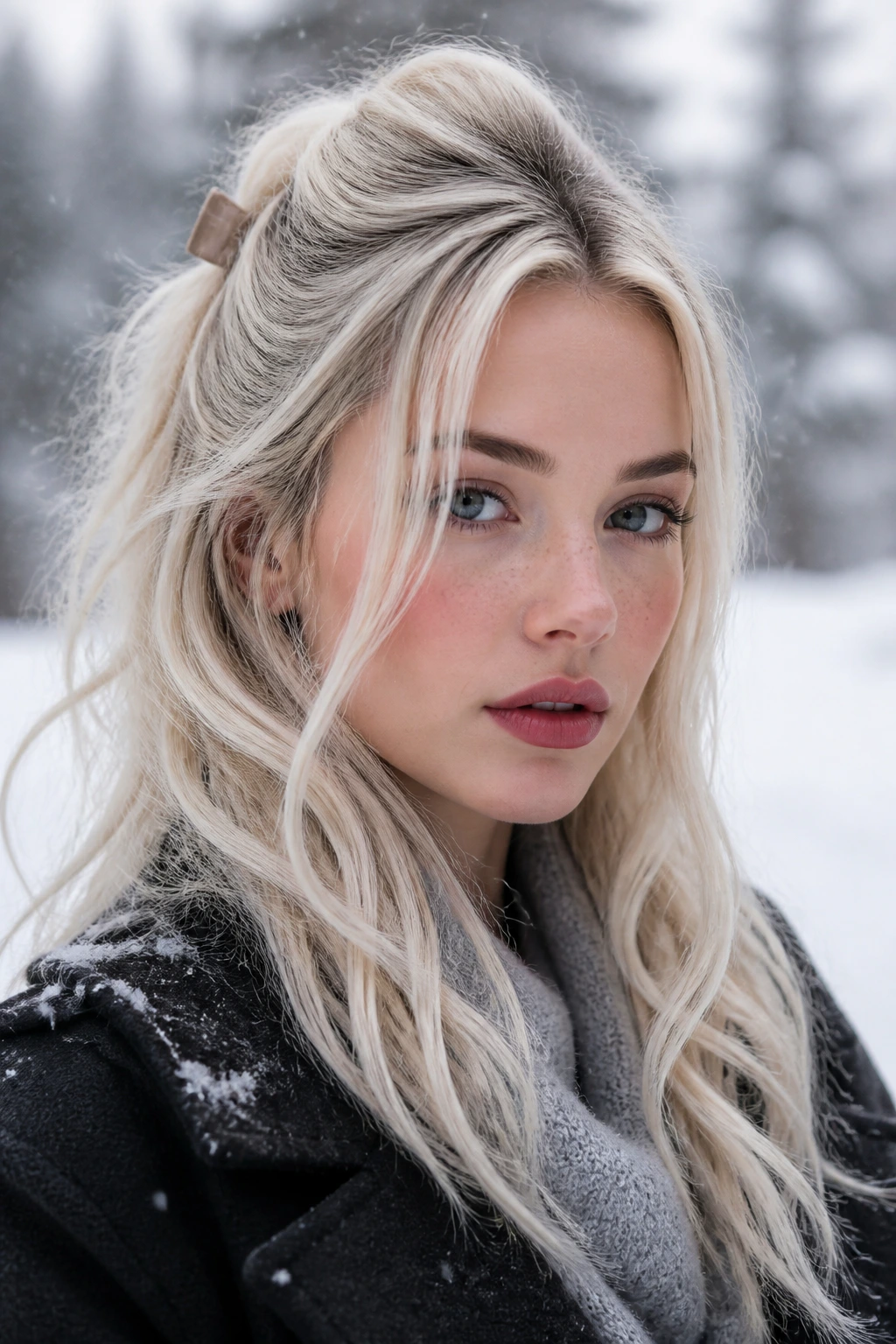 Close-up of a real woman with frost-swept half-up waves in wintry light