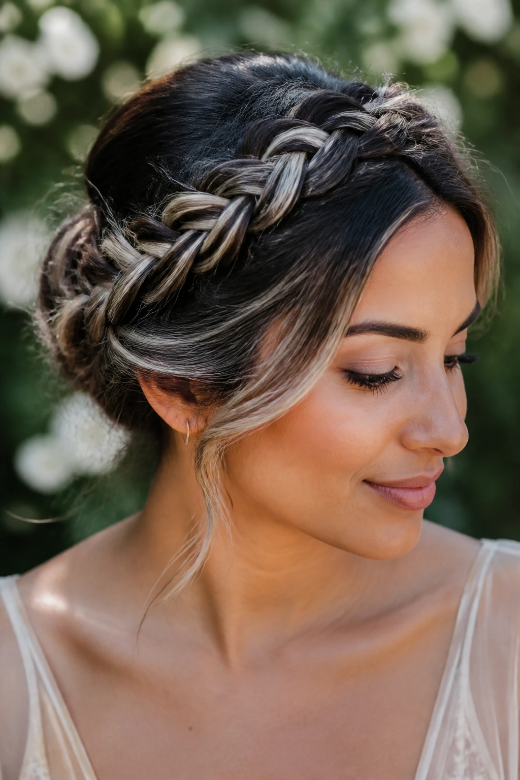 Close-up of real person wearing a frost-kissed braided crown with cool undertone