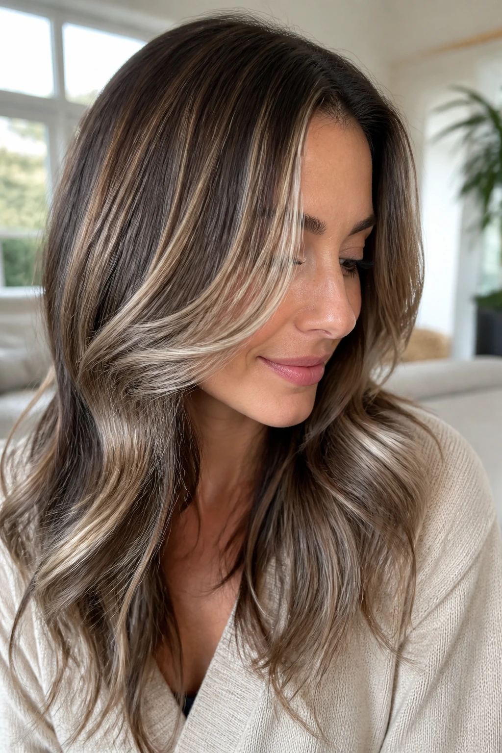 Portrait of brunette hair with frosted almond highlights and soft lowlights