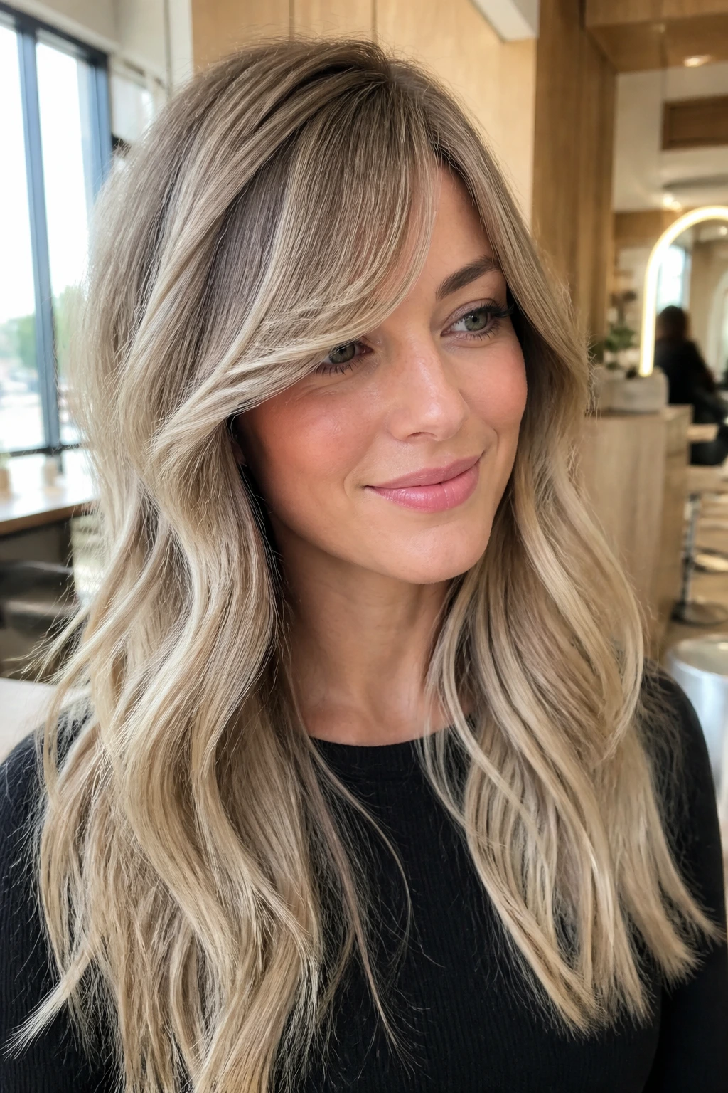 Close-up portrait of a real woman with frosted babylights and long swoopy bangs in a bright salon
