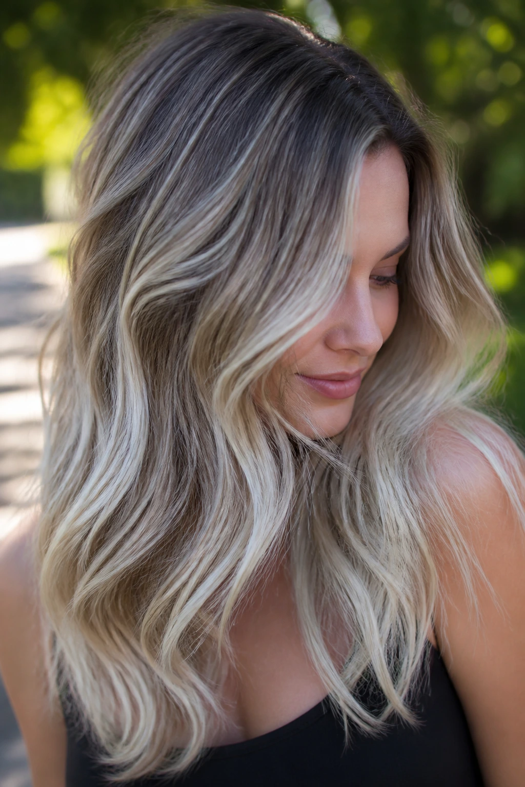 Close-up of a woman with frosted balayage waves in sunlit outdoor setting