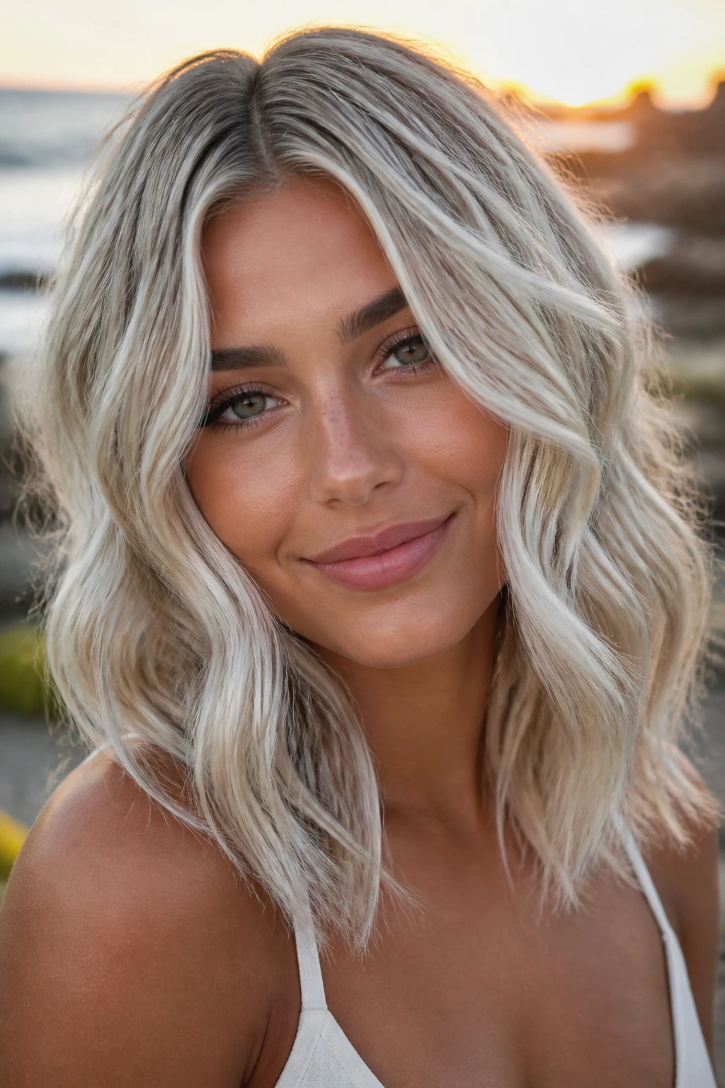 Close-up of a real woman with frosted beach waves on warm beach sunlight