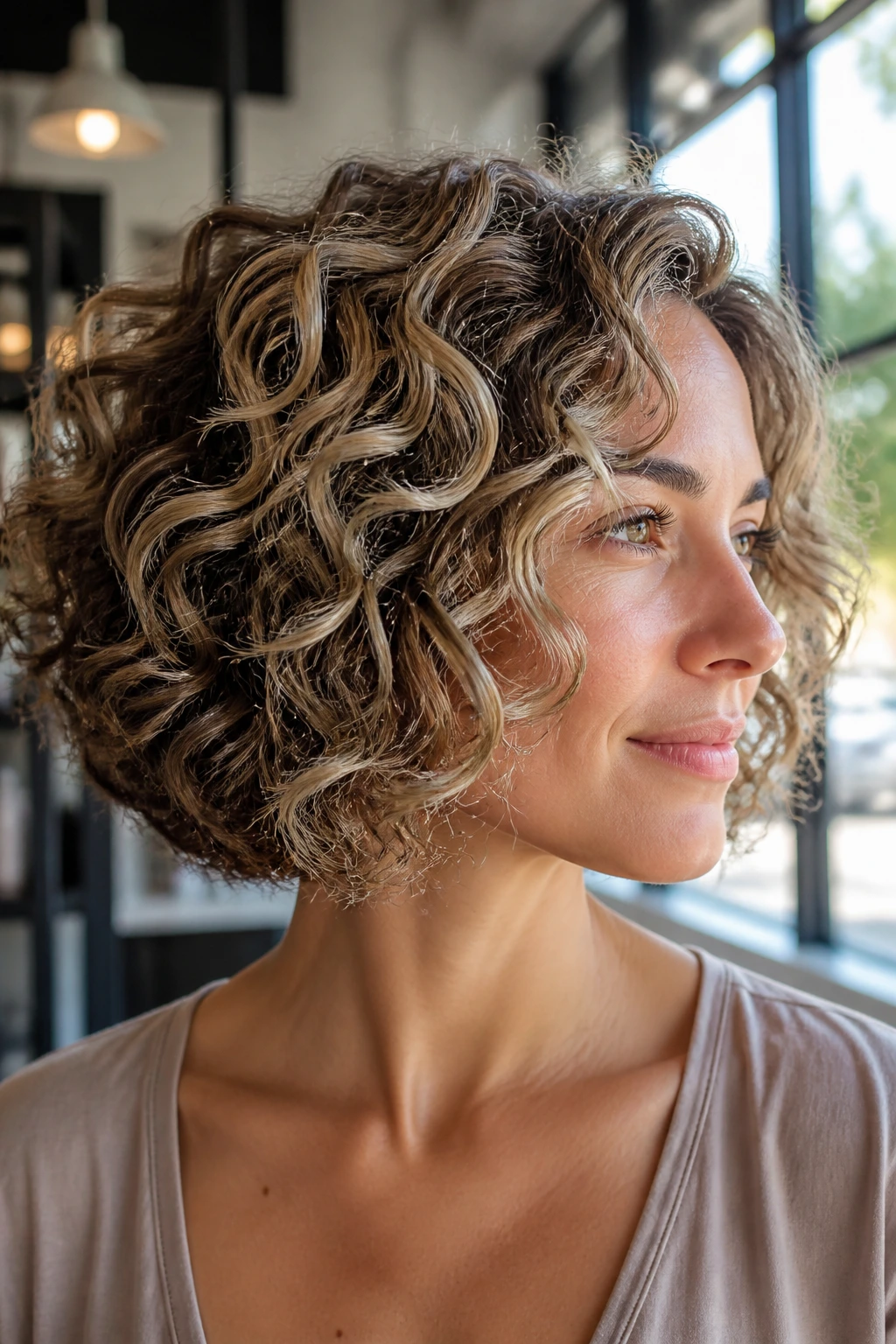 Curly bob with frosted beige babylights highlighting the top curve