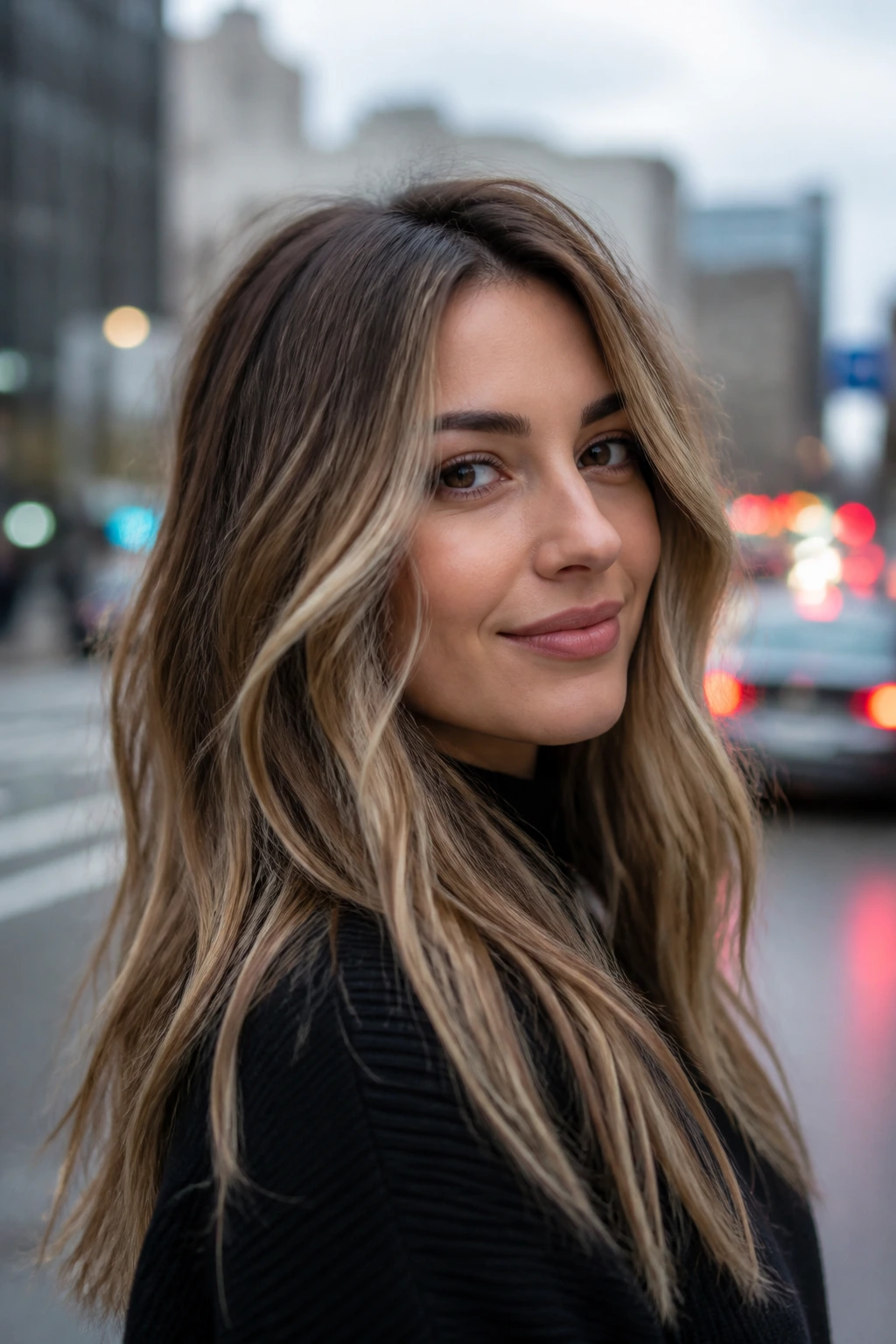 Close-up brunette with frosted beige blonde babylights