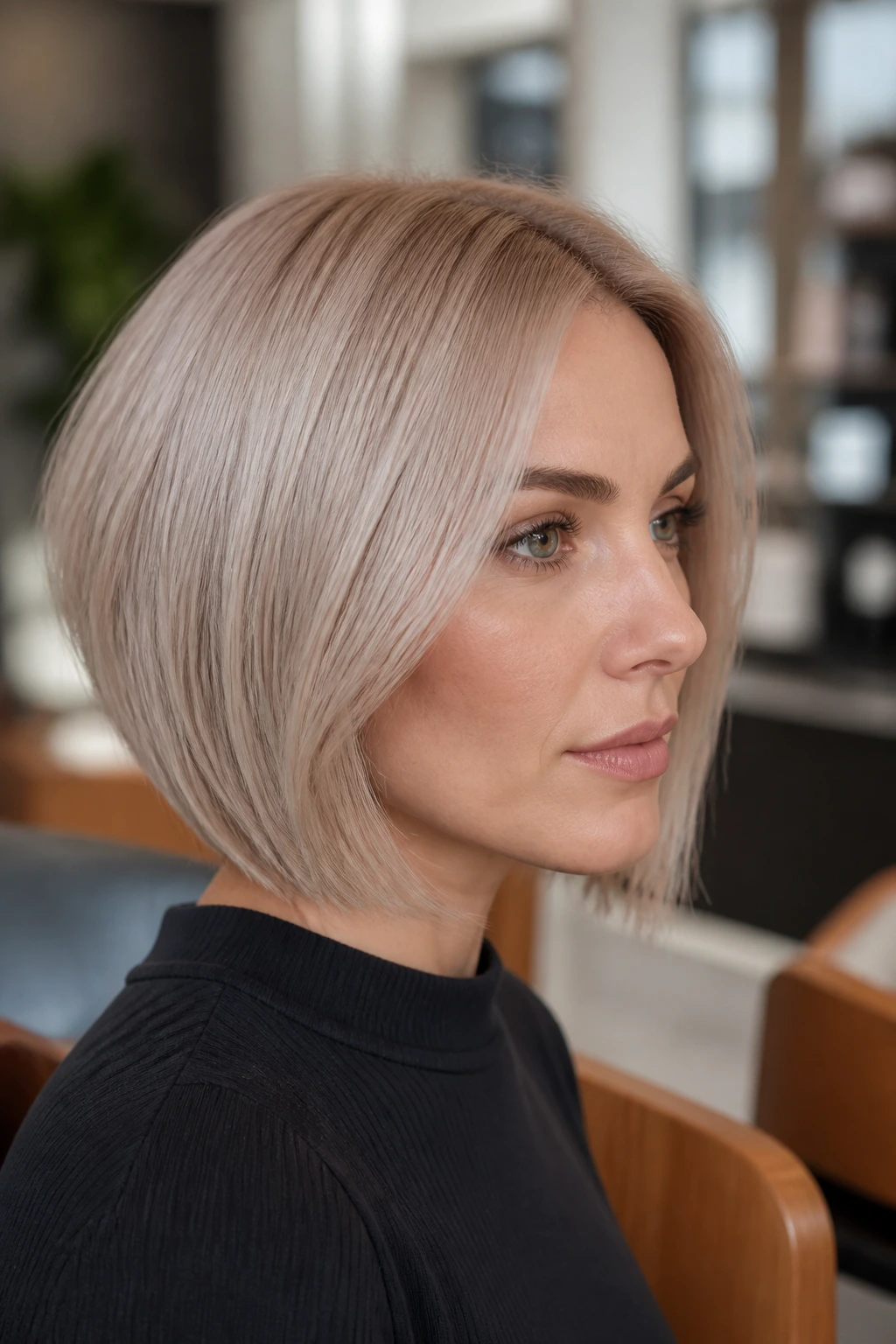 Close-up portrait of a real woman with a frosted beige bob