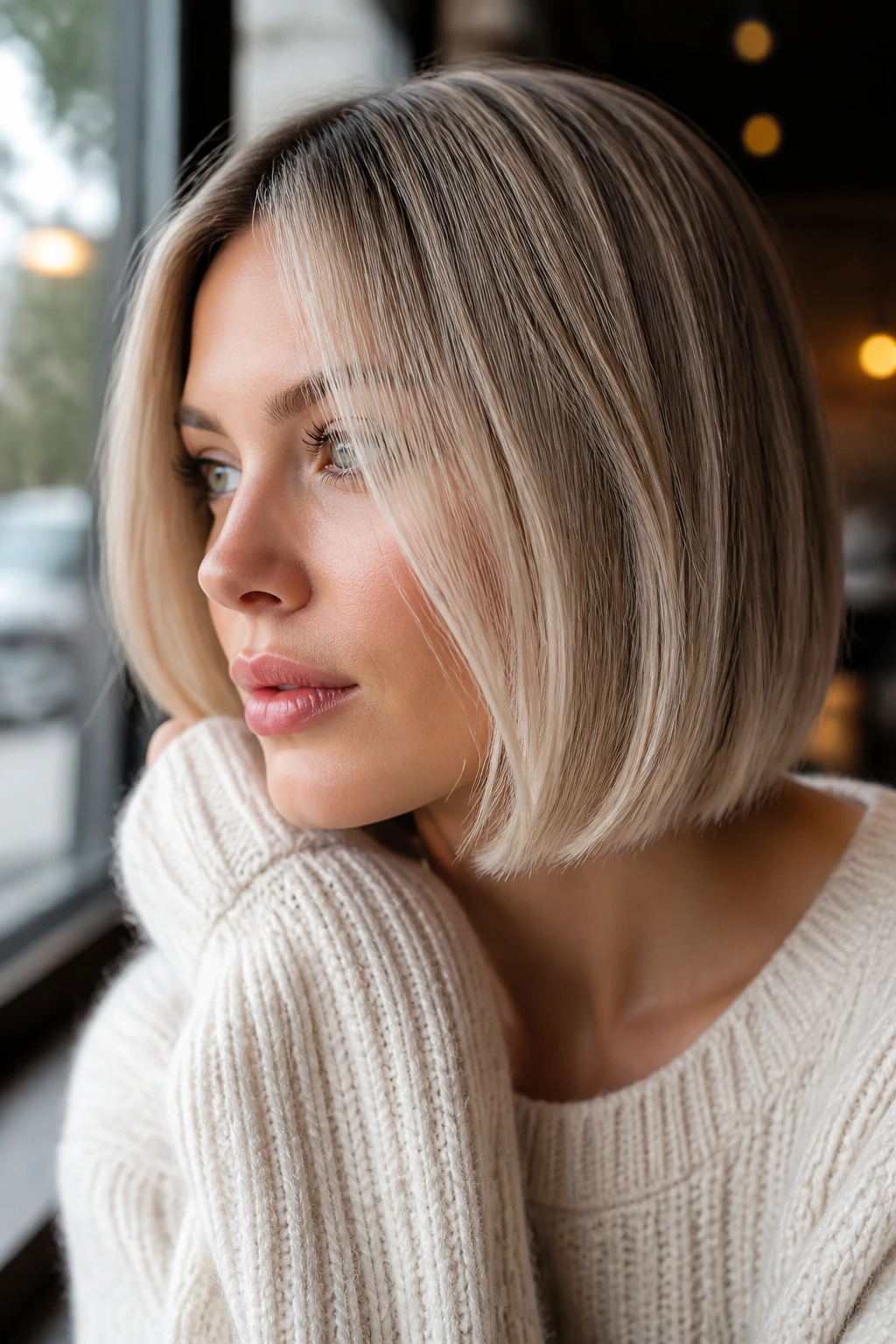 Close-up portrait of a real woman with a frosted beige bob in daylight