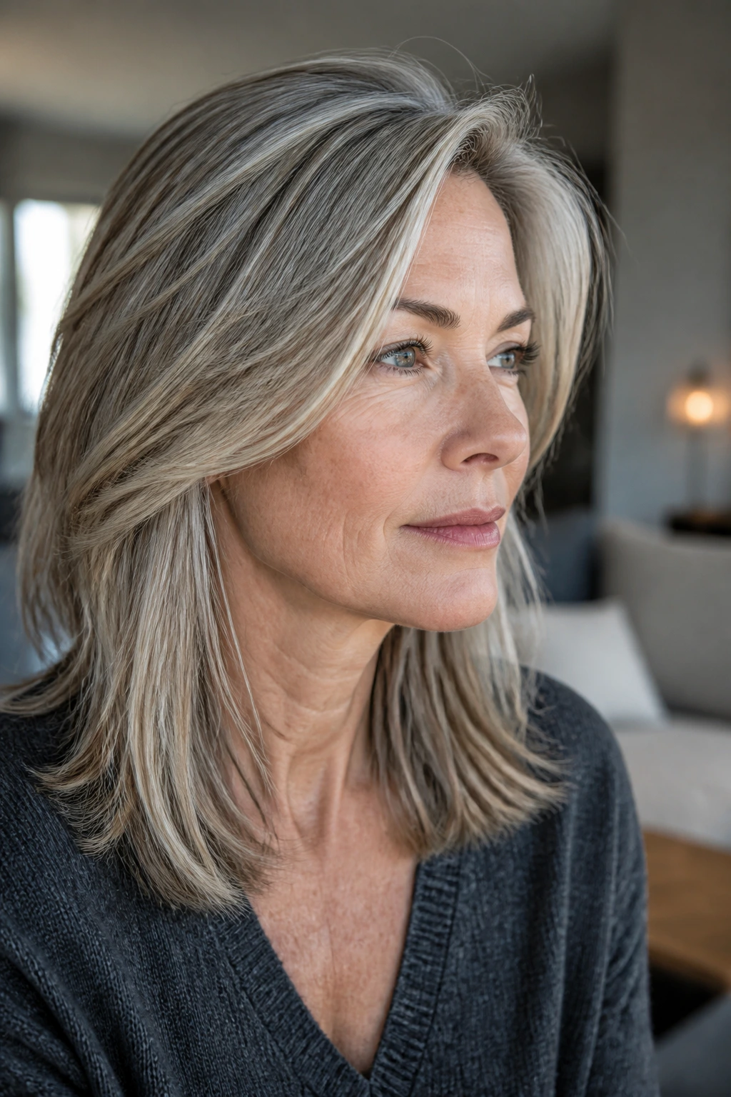 Close-up of a real woman with frost beige highlights blending gray hair.