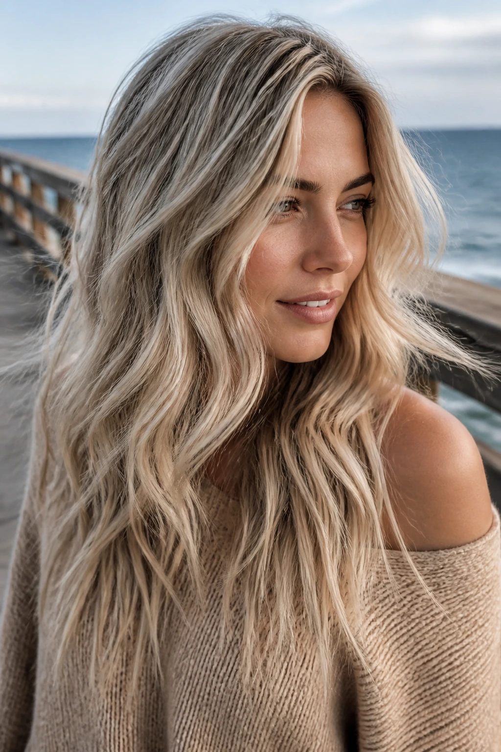 Portrait of a woman with frosted beige waves in natural daylight.