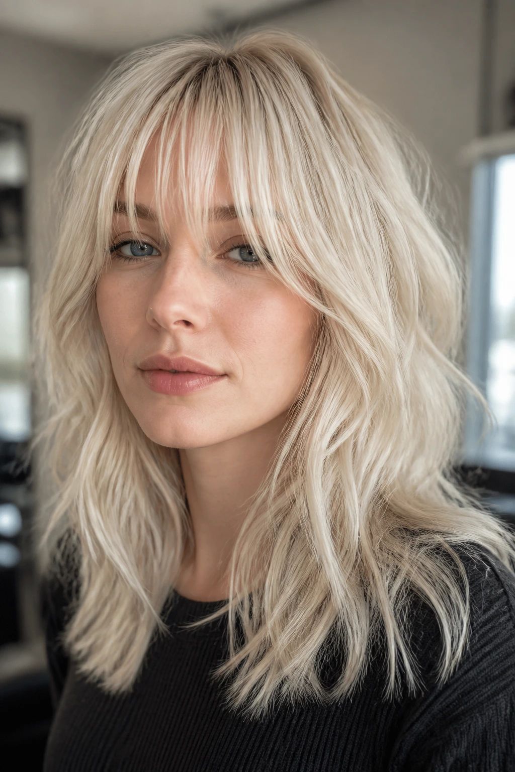 Close-up of a person with frosted beige-white blonde and piecey bottleneck bangs