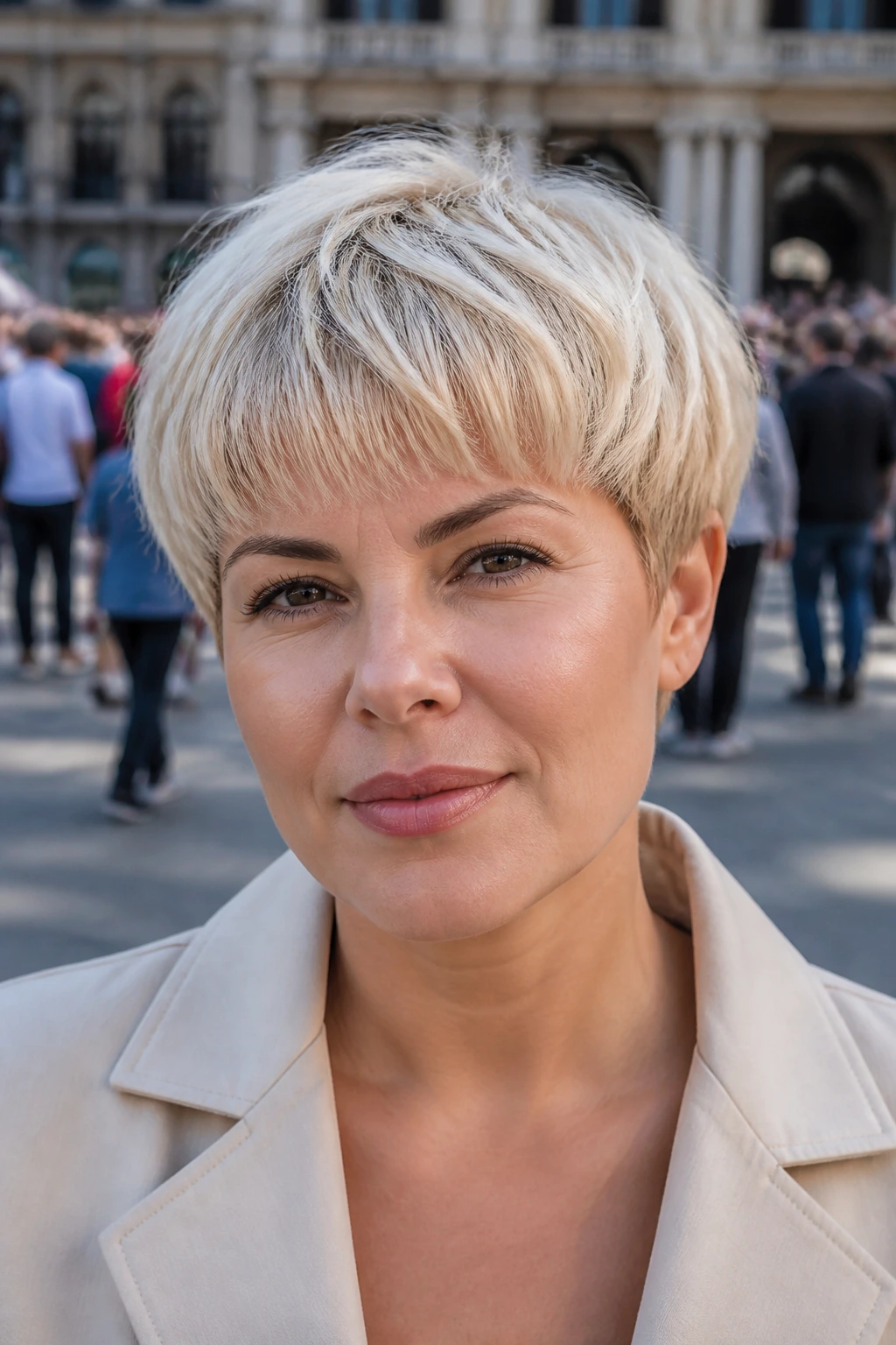 Real person wearing frosted blonde bowl-inspired pixie with softened edges.