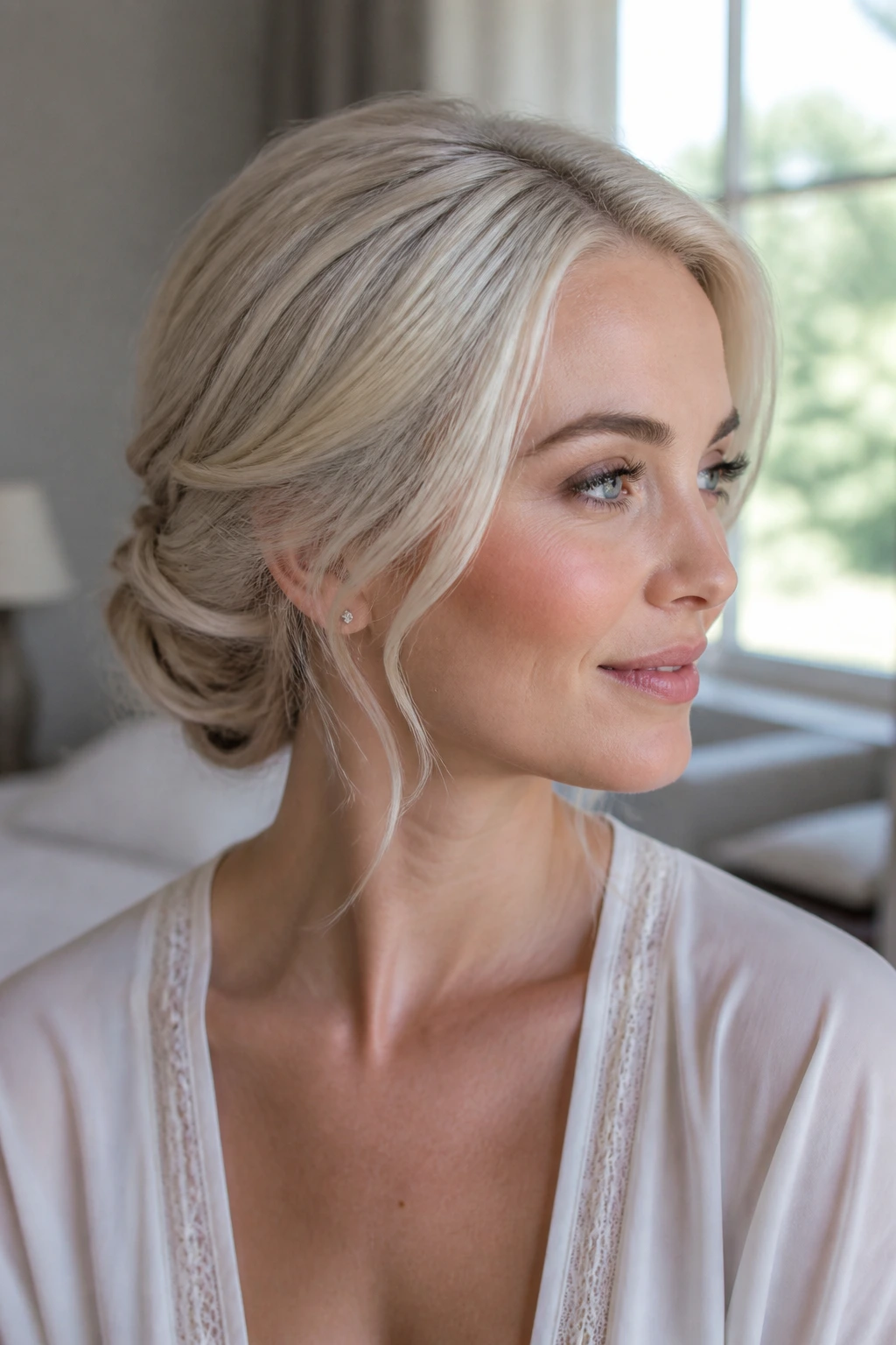 Close-up portrait of a real woman with a low twisted chignon in frosted blonde
