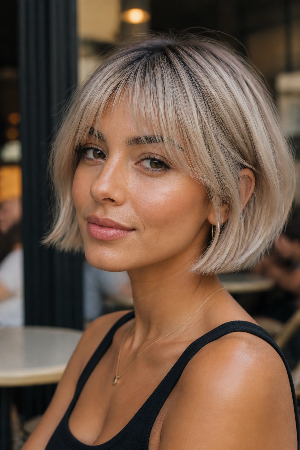 Close-up portrait of a real woman with a frosted blonde French bob