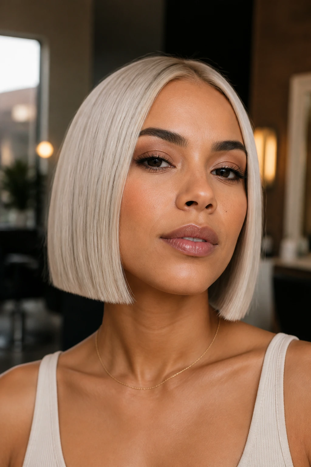 Portrait of a woman with a frost-blonde blunt bob and crisp edges