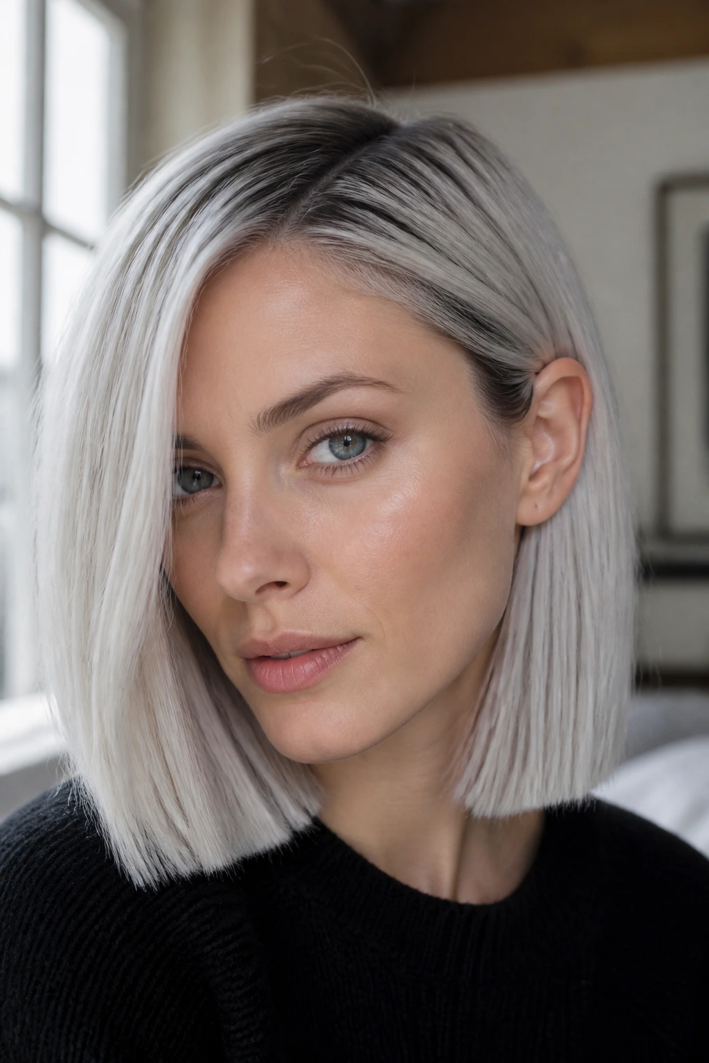 Real woman with frosted blunt cut and ear tuck showing crisp shoulder length line