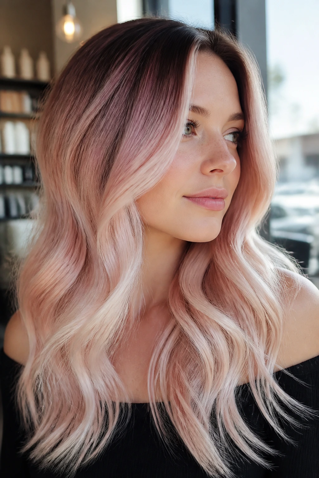 Frosted Blush Ombré on a real woman: root shadow fading to blush rose and white ends.