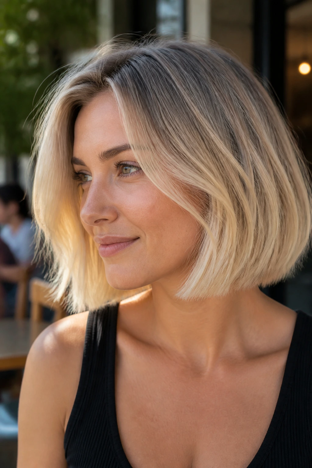 Close-up of a real woman with frosted bob and golden ends