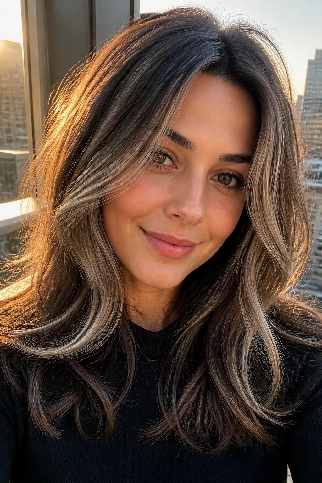 Close-up of a woman with frosted brunette hair and face-framing ribbons