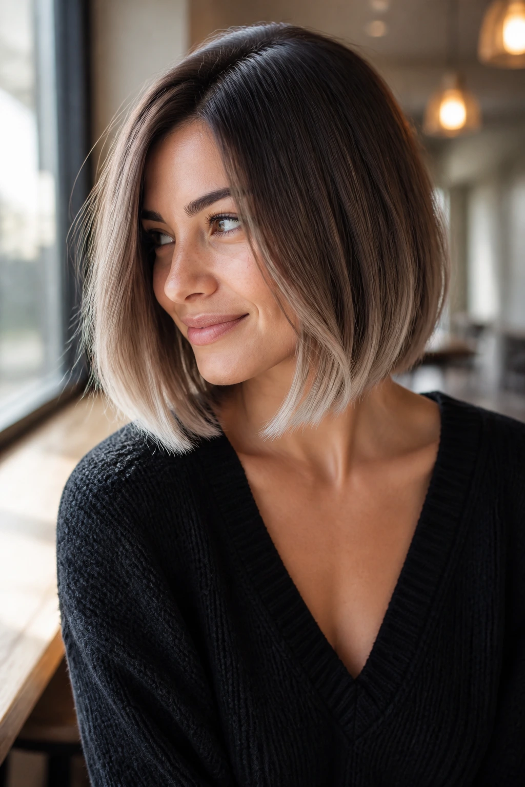 Real woman with a frosted brunette bob and light ends.