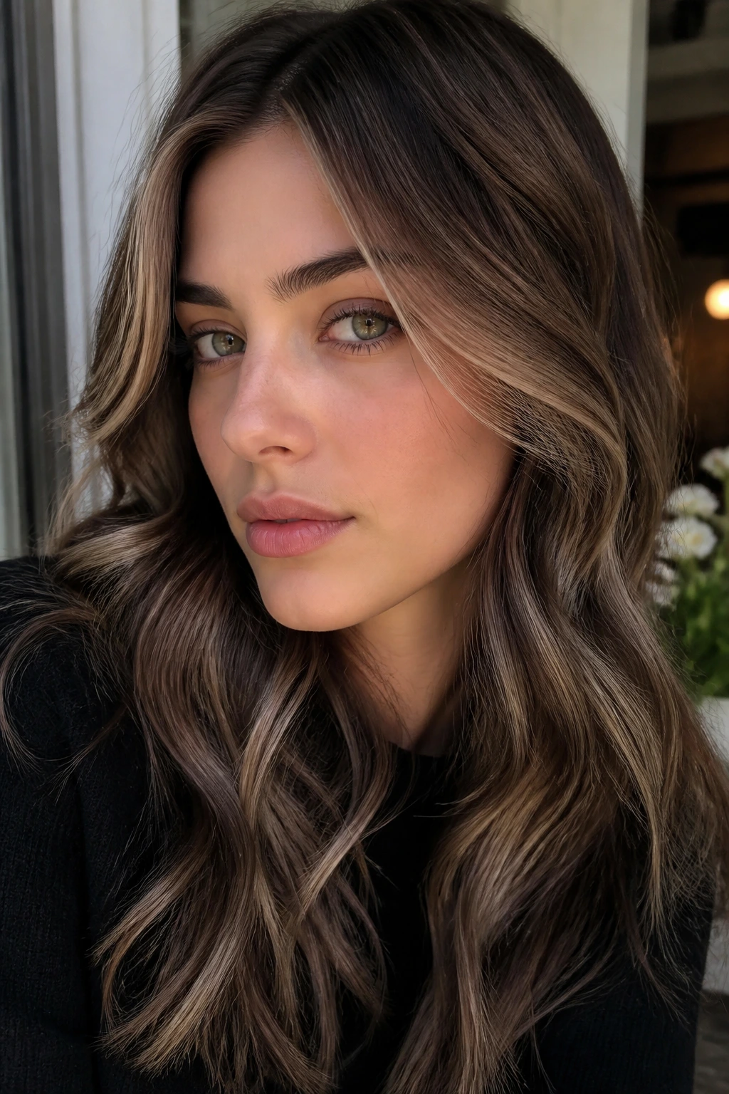 Close-up of a real person with frosted contour pieces in brunette hair