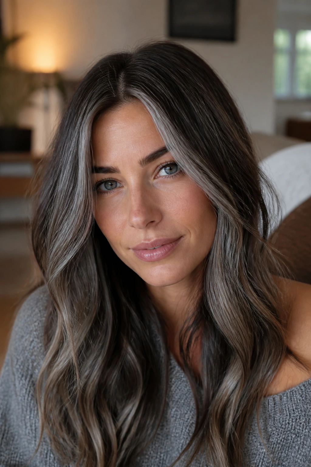 Close-up of a real woman with frosted brunette lowlights framing the face