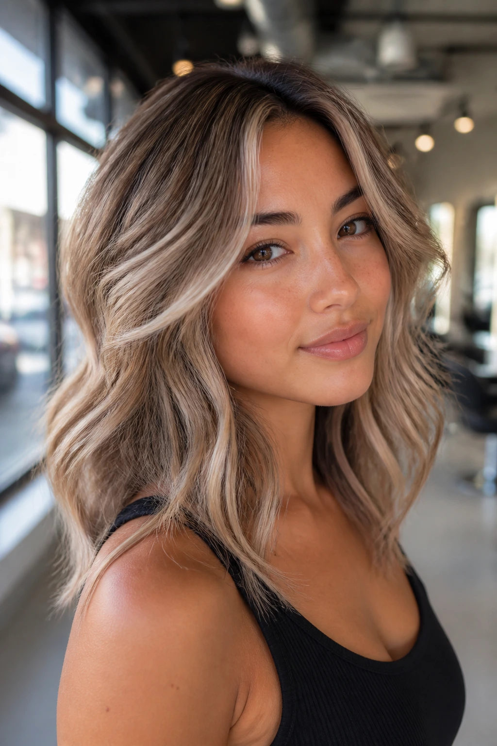 Close-up of a real woman with frosted caramel ash balayage, medium skin tone, soft waves.